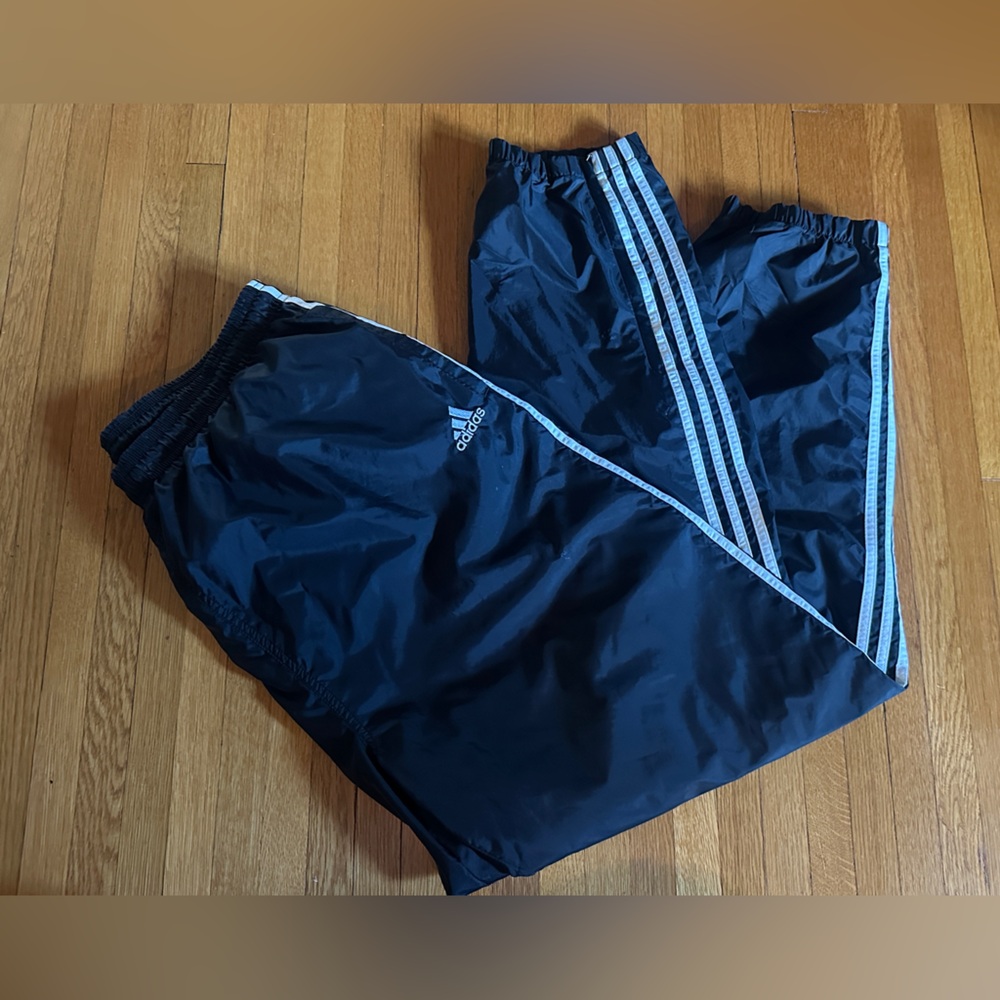 Vtg 1990s Adidas Nylon Black with White Stripe Joggers, Size XXL